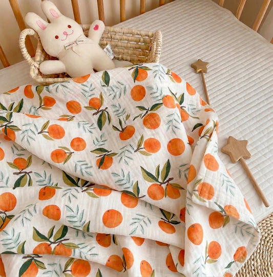 Fablebabe Orange Citrus Print Bamboo Muslin Swaddle Blanket for All Seasons