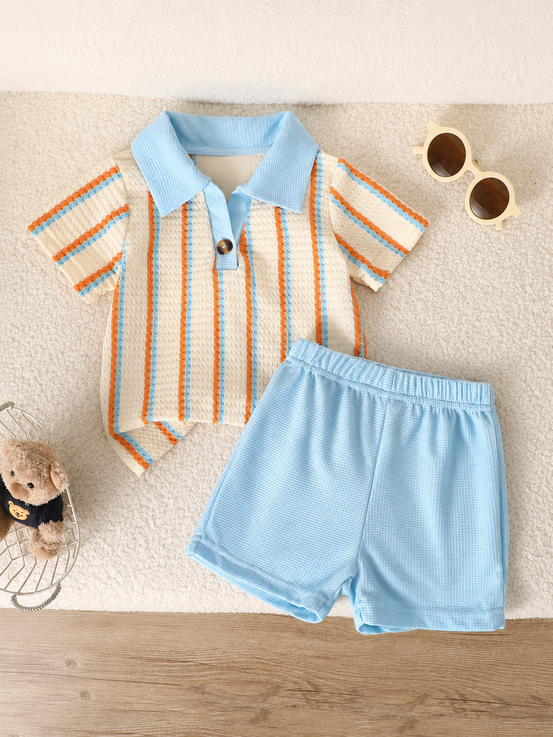 Playful Pals Baby Boy Khaki OOTD: Textured V-Neck and Striped Outfit