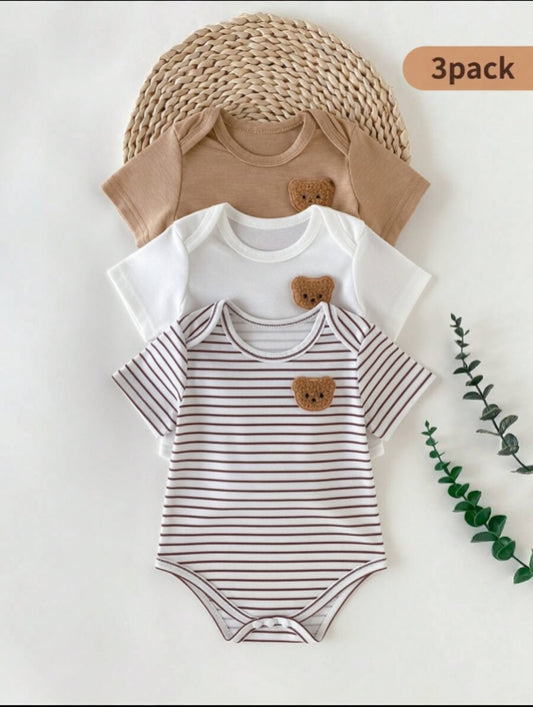 3PCS Baby Bear Embroidered Short Sleeve Snap Romper Set for Summer Daily Wear