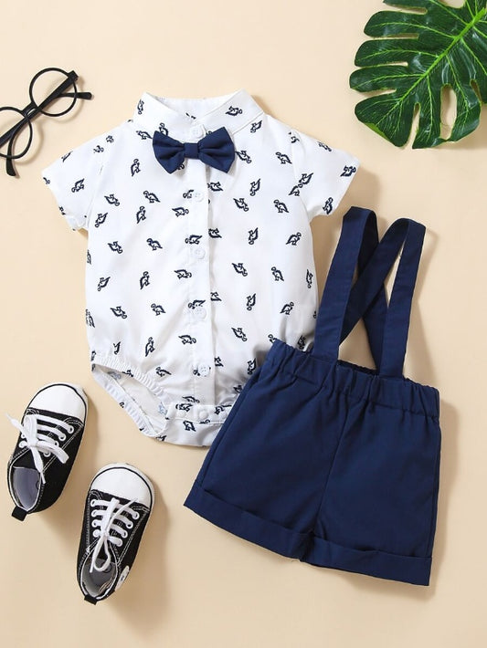 Cute Dinosaur Pattern Short Sleeve Jumpsuit with Matching Suspender Overall Shorts for Baby Boys