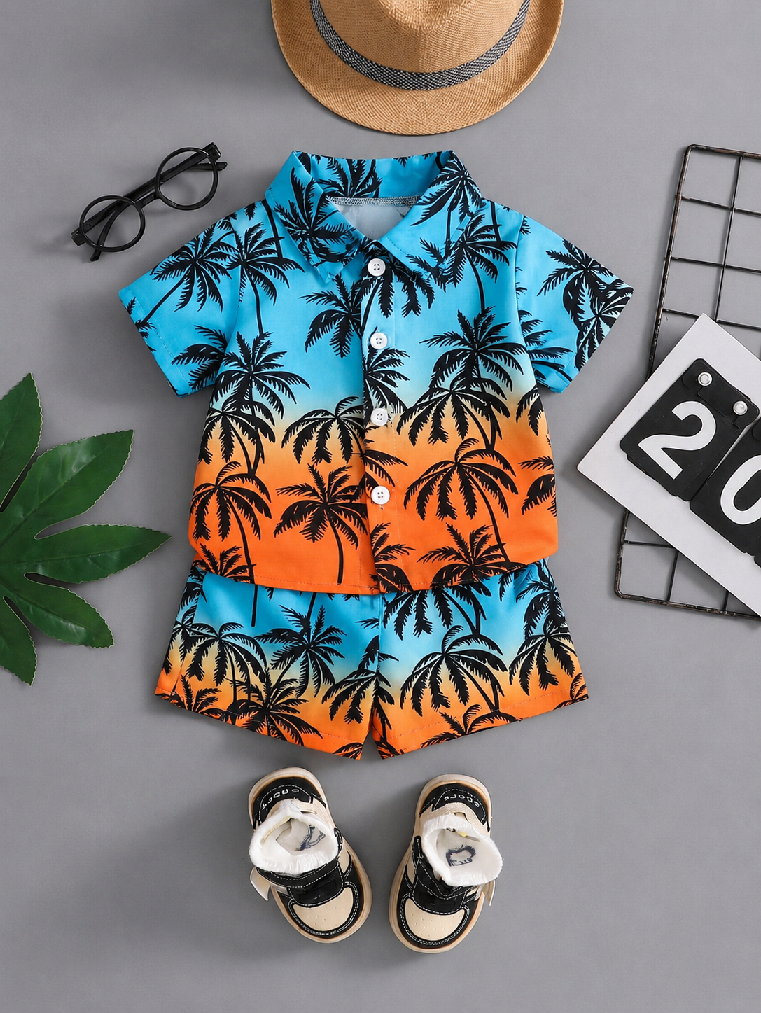 2pcs/Set Baby Boy Tropical Plant Pattern Vacation Outfit (6M-3T)