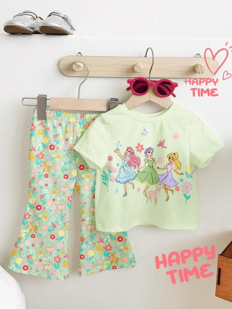 Soft Round Neck Short Sleeve Top and Flexible Flare Leg Trousers Casual Spring Summer Clothes Set for Girls
