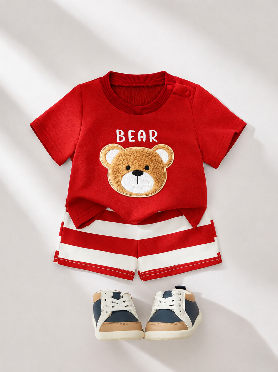 Newborn Boy & Girl Summer Knit Outfit -Cute Cartoon Bear Striped Shirt & Shorts Set