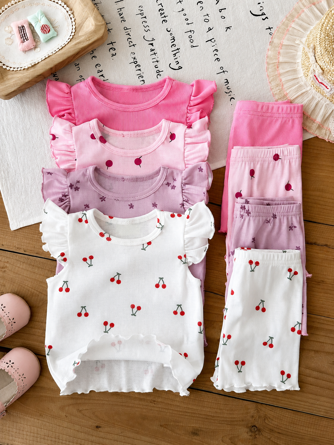 8-Piece Multi-Color Ribbed Short Sleeve Top and Shorts Set for Baby Girls