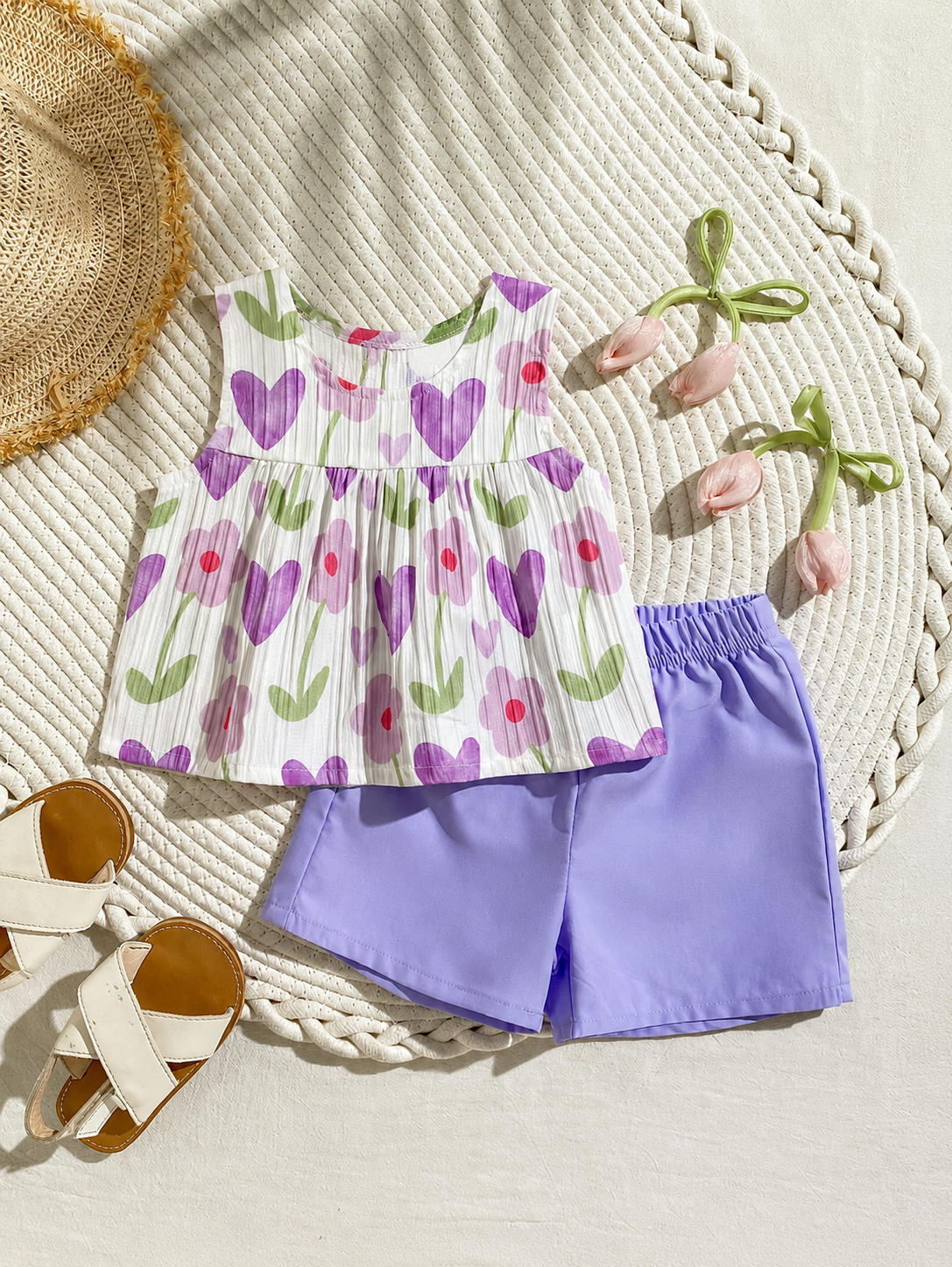 Cherry Print Sleeveless Top and Red Shorts Set for Baby Girls