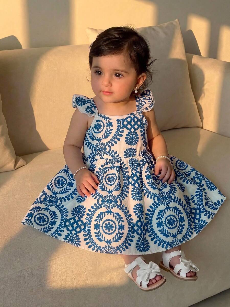 Baby Girl Retro Vintage Floral Dress - Sleeveless Elastic Waist Casual Sundress