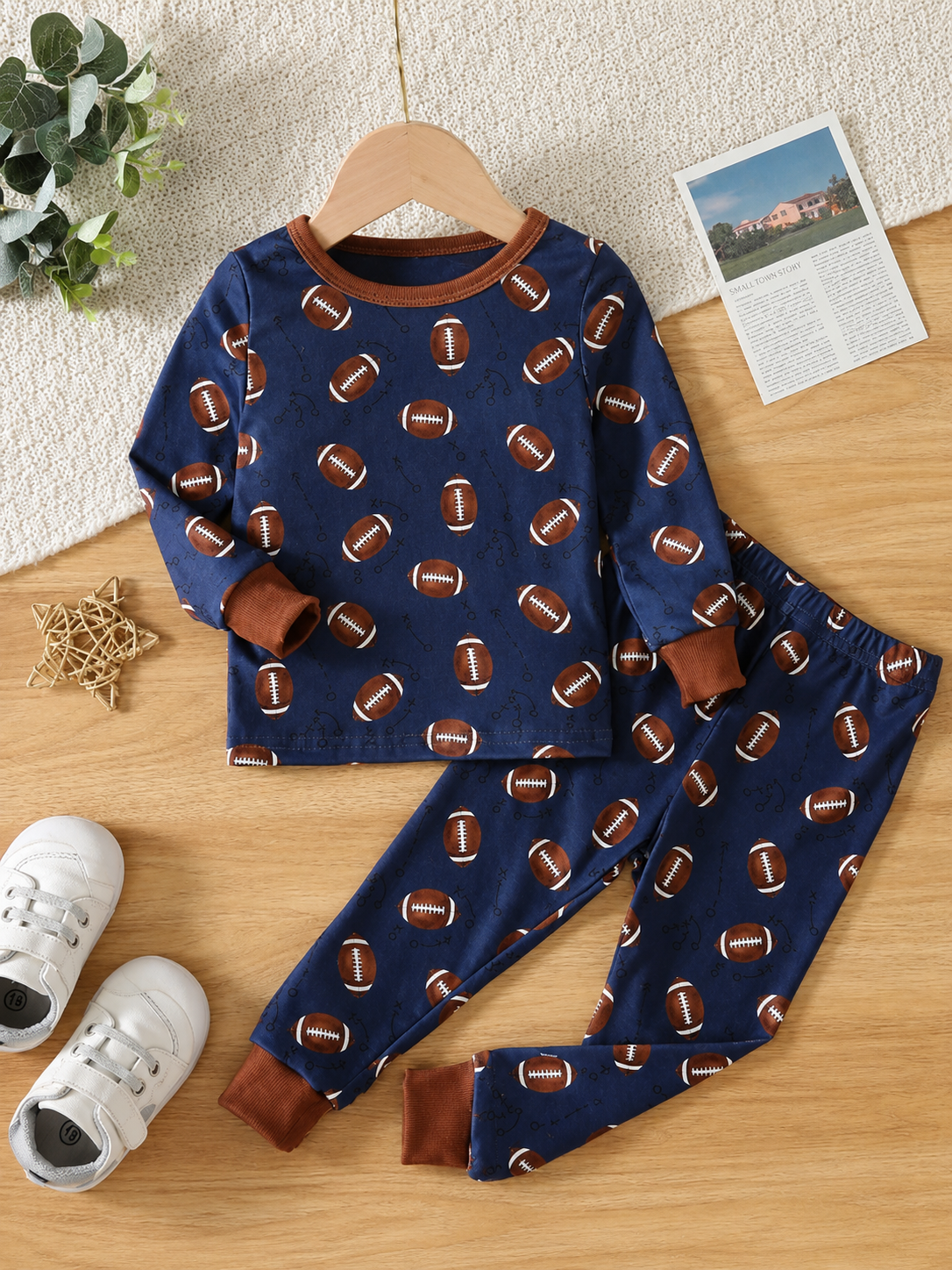 Baby Boy Football Allover Print Long Sleeve Top and Leggings 2 Piece Pajama Set