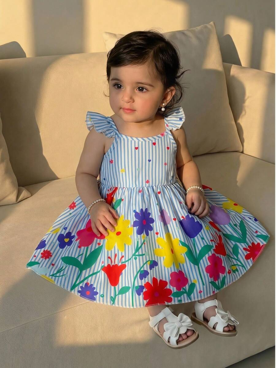 Baby Girl Retro Vintage Floral Dress - Sleeveless Elastic Waist Casual Sundress