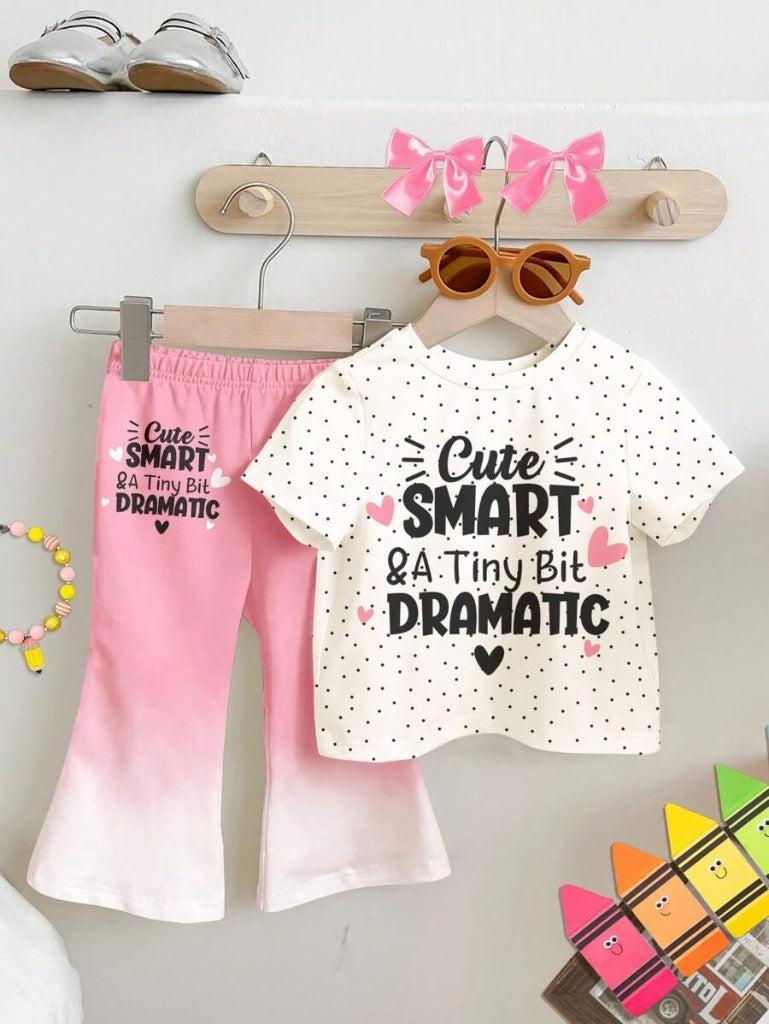 Soft Round Neck Short Sleeve Top and Flexible Flare Leg Trousers Casual Spring Summer Clothes Set for Girls
