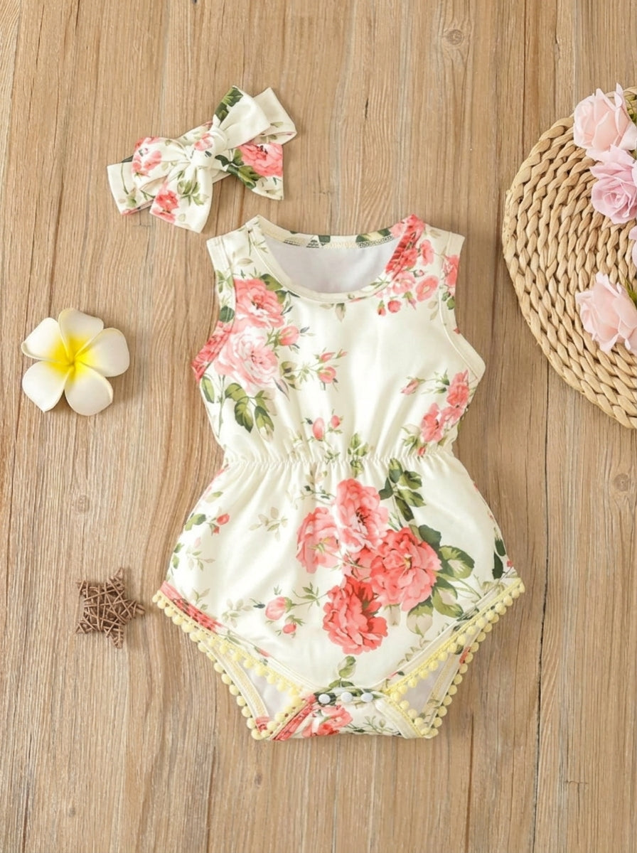 Baby Girl Floral Print Bodysuit With Matching Headband Cute Everyday Outfit