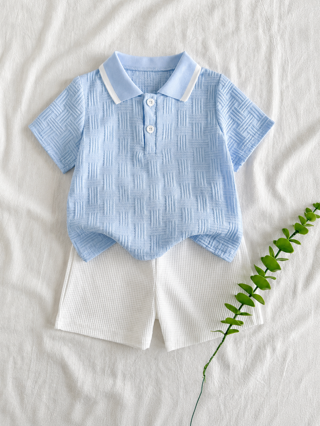 Playful Pals Baby Boy Khaki OOTD: Textured V-Neck and Striped Outfit