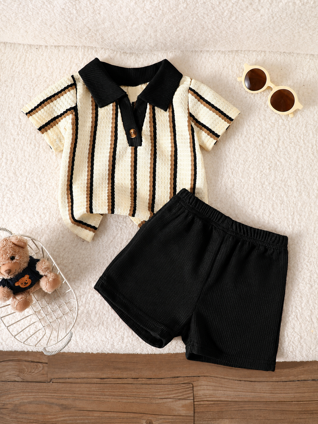 Playful Pals Baby Boy Khaki OOTD: Textured V-Neck and Striped Outfit