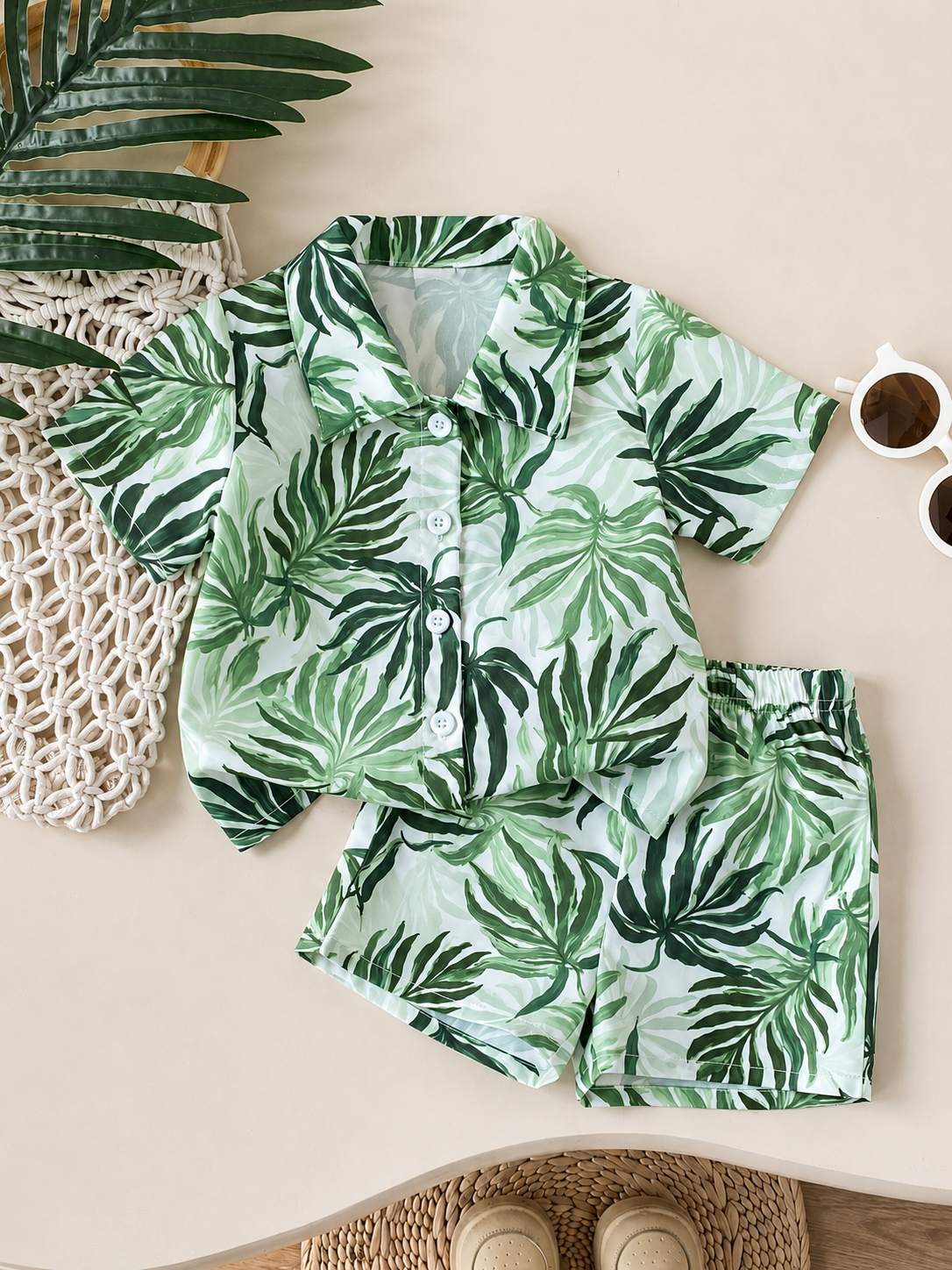 2pcs/Set Baby Boy Tropical Plant Pattern Vacation Outfit (6M-3T)