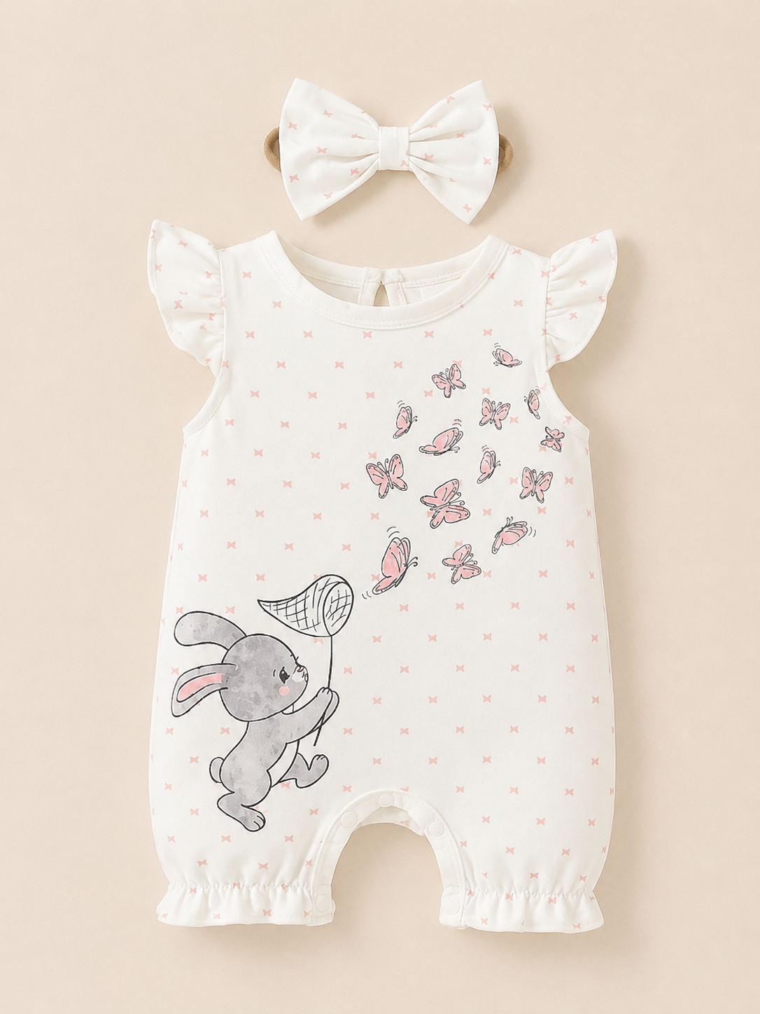 Infant Girl Animal Print Romper - Rabbit & Butterfly Ruffle Trim Outfit