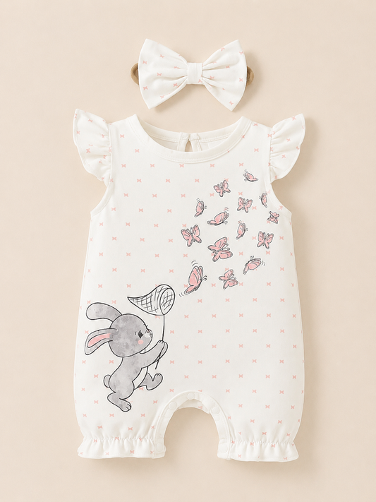 Infant Girl Animal Print Romper - Rabbit & Butterfly Ruffle Trim Outfit
