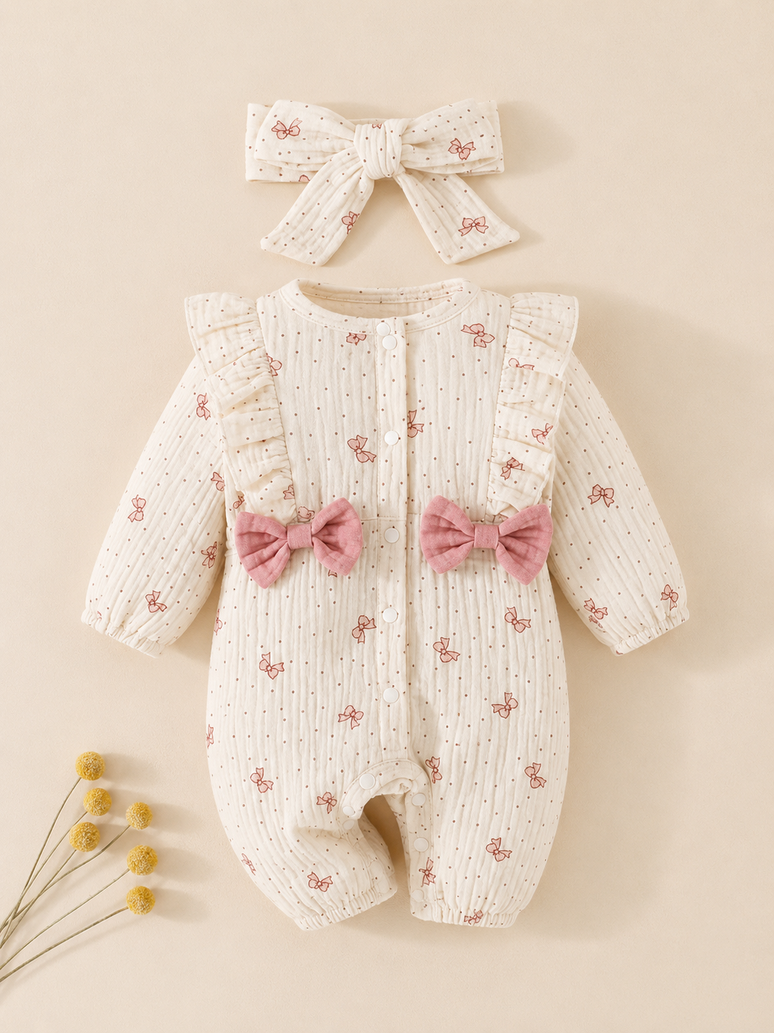 Sweet Bow Print Princess Jumpsuit for Baby Girls - Comfortable Cotton Spring Wear