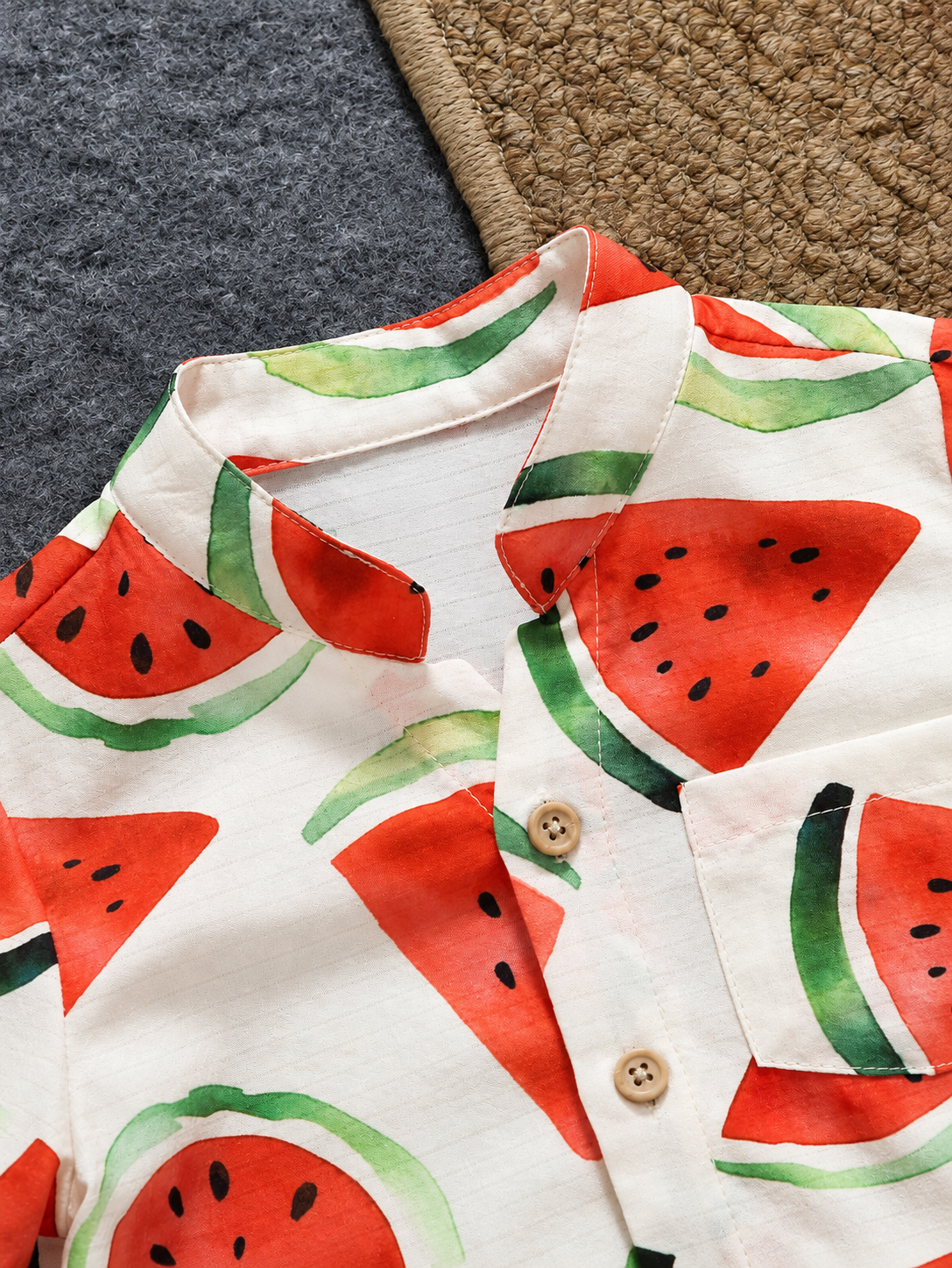 Toddler Boy Summer Vacation Outfit: Plant Print Shirt and Elastic Waist Shorts