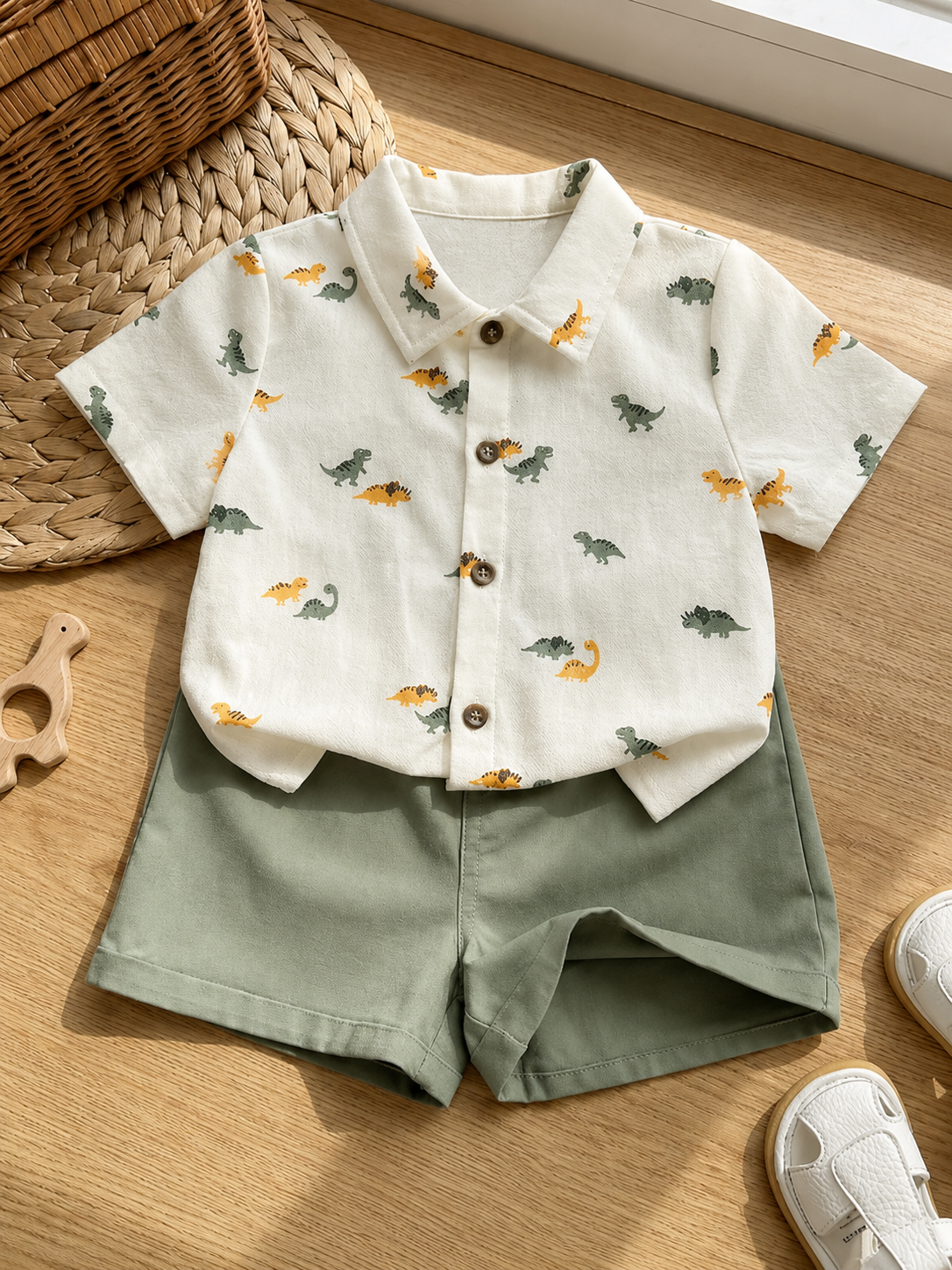 Baby Boy 2pcs Knit Jacquard Summer Set - Short Sleeve Shirt & Elastic Shorts