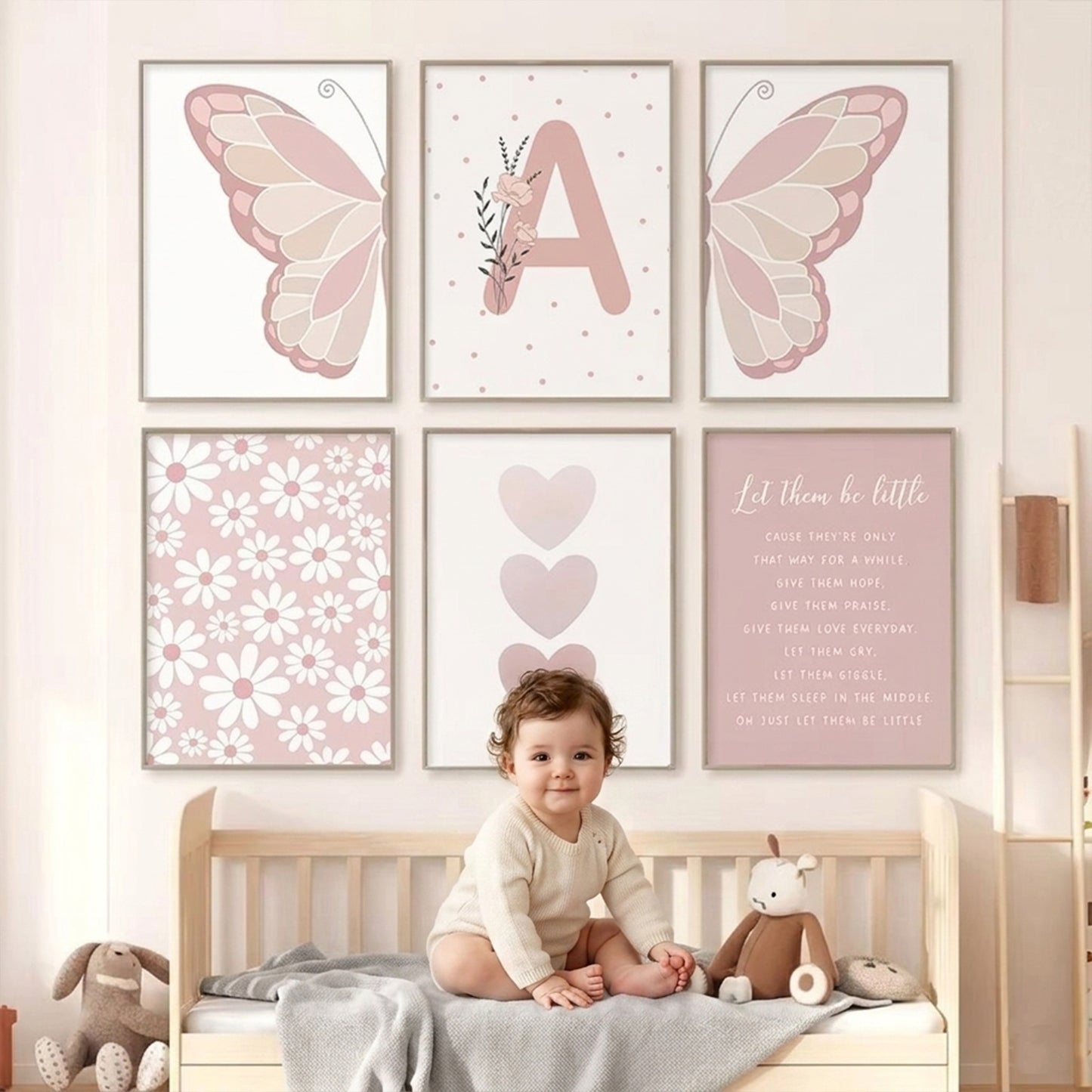 Pink Butterfly Wall Art Nursery Canvas Prints - Sun Rainbow Daisy Heart Posters - Kawaii Pictures for Kids Girl Room Decor