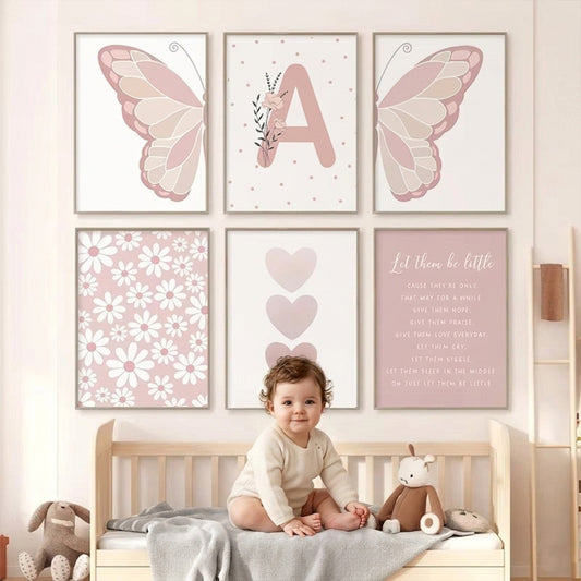 Pink Butterfly Wall Art Nursery Canvas Prints - Sun Rainbow Daisy Heart Posters - Kawaii Pictures for Kids Girl Room Decor