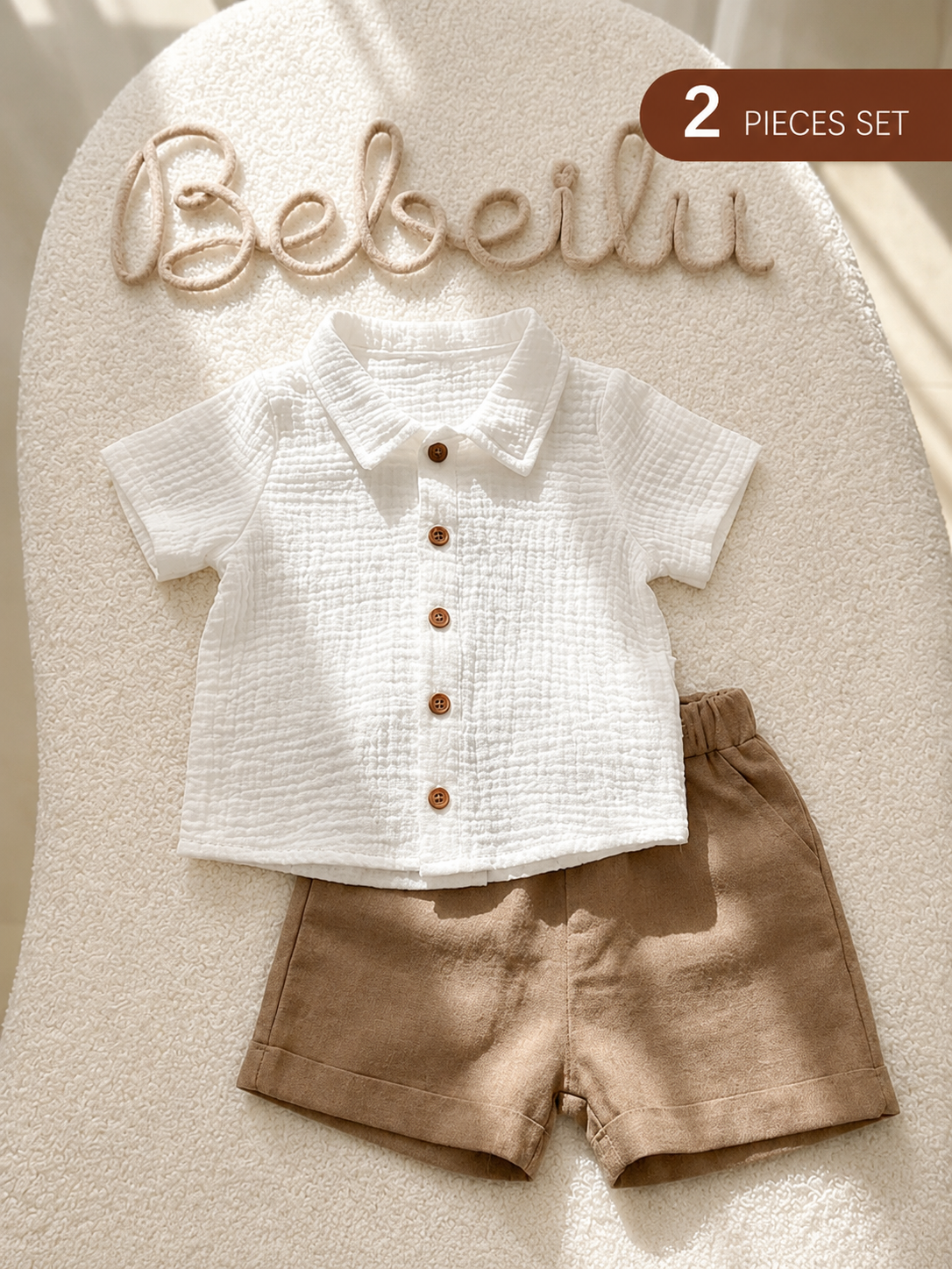 Baby Boy 2pcs Knit Jacquard Summer Set - Short Sleeve Shirt & Elastic Shorts