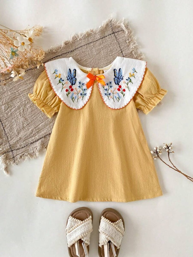 Infant Girl Peter Pan Collar Floral Embroidered Summer Dress for Casual Wear