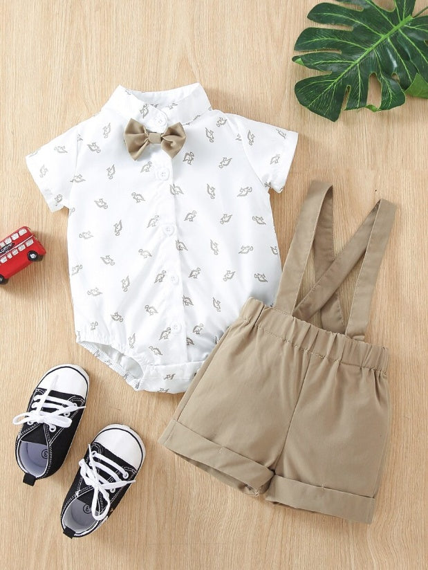 Cute Dinosaur Pattern Short Sleeve Jumpsuit with Matching Suspender Overall Shorts for Baby Boys