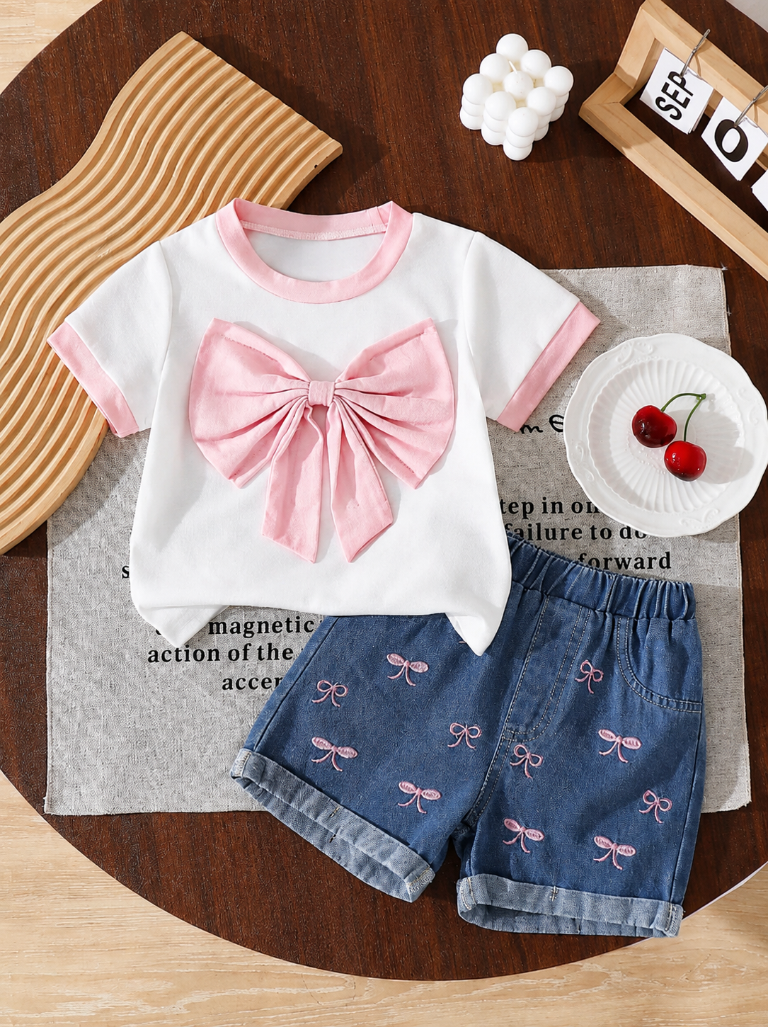Cherry Print T-Shirt and Embroidery Pattern Contrast Shorts Set for Baby Girls