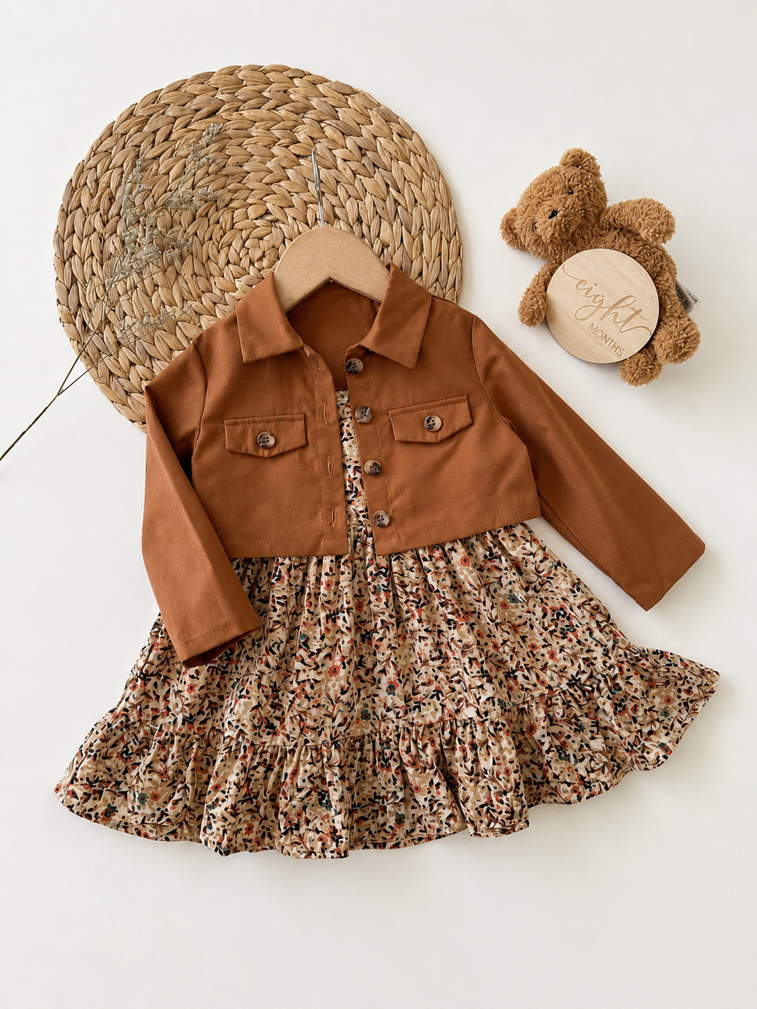 Fall Winter Ditsy Floral Dress and Brown Jacket Set for Toddler Girls