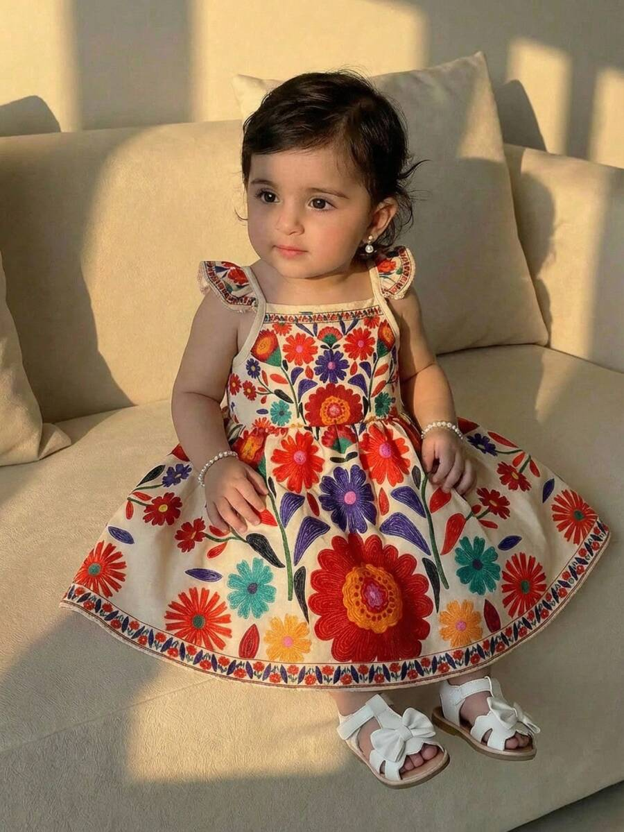 Baby Girl Retro Vintage Floral Dress - Sleeveless Elastic Waist Casual Sundress