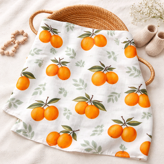 Fablebabe Orange Citrus Print Bamboo Muslin Swaddle Blanket for All Seasons
