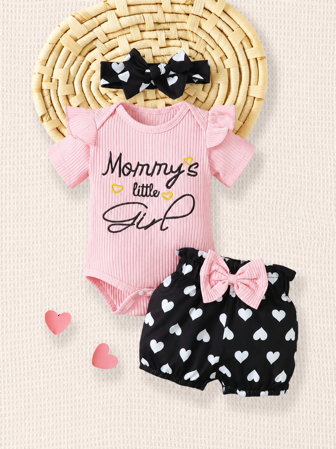 Cute Kids 3-Piece Casual Outfit Set For Toddlers – Embroidery Bodysuit, Soft Pants & Matching Bow Headband