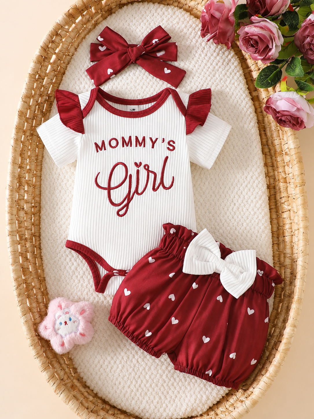 Cute Kids 3-Piece Casual Outfit Set For Toddlers – Embroidery Bodysuit, Soft Pants & Matching Bow Headband