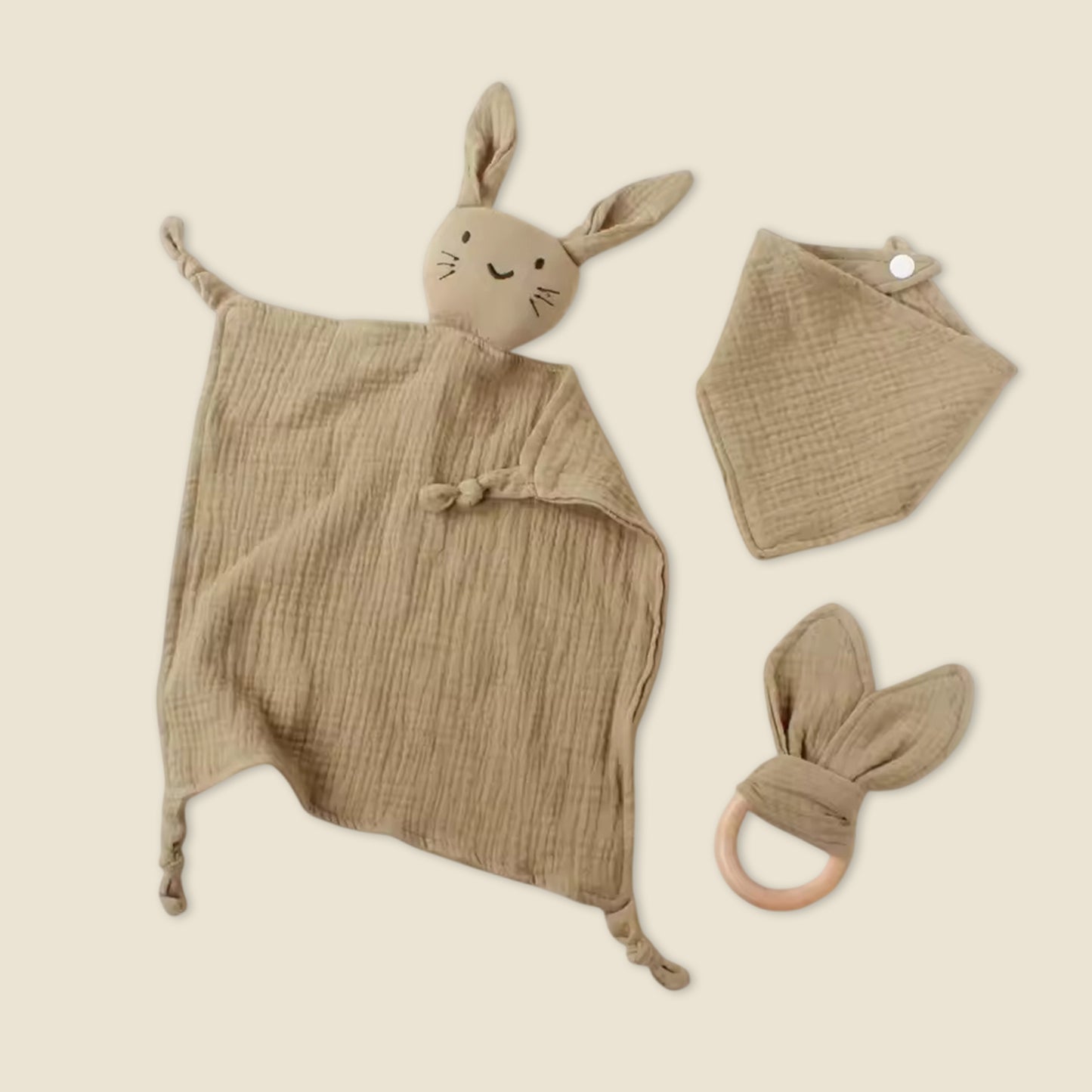 3Pcs Baby Muslin Towel Set - Soft Cotton Triangle Bib & Rabbit Ear Wooden Teether - Premium Saliva & Teething Kit for Newborns