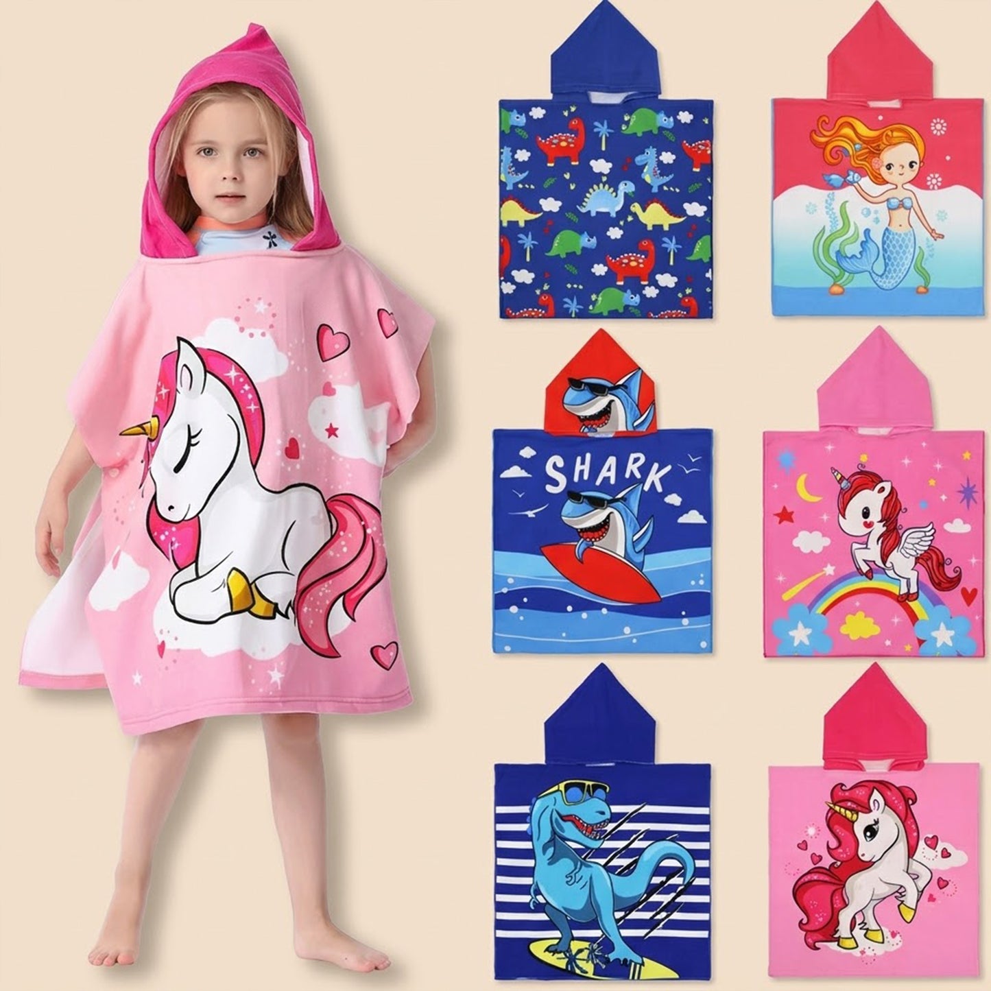 Cartoon Kids Hooded Cape Towel - Quick-Dry Beach & Bathrobe - Fun Unicorn Shark Dinosaur Print for Children