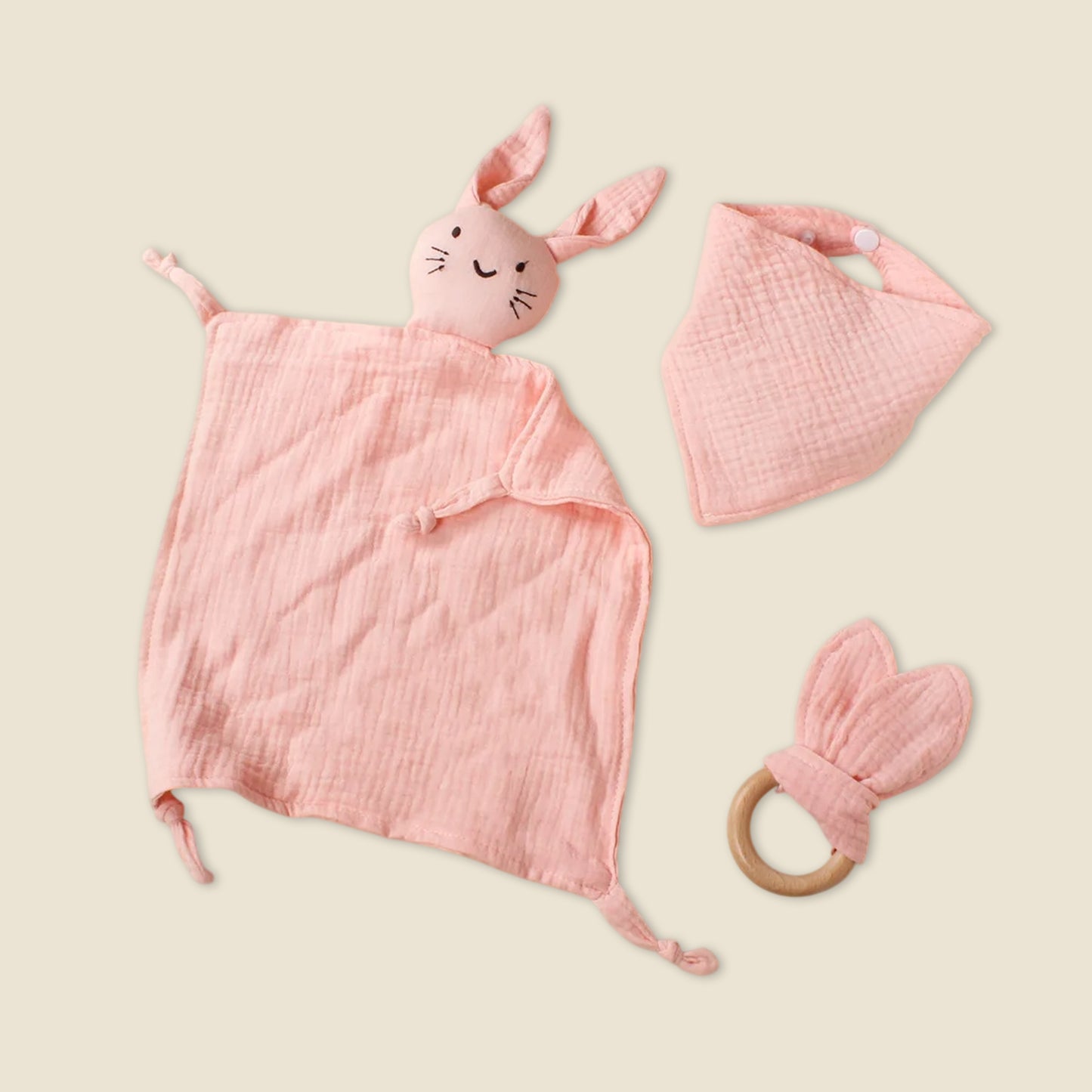 3Pcs Baby Muslin Towel Set - Soft Cotton Triangle Bib & Rabbit Ear Wooden Teether - Premium Saliva & Teething Kit for Newborns