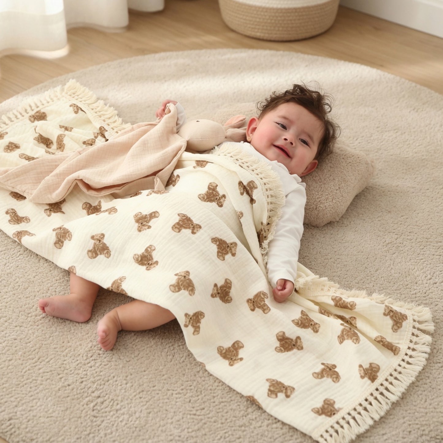 Cute Bear Plaid Muslin Baby Blanket - 100% Cotton Soft Swaddle - Breathable Summer Comforter for Newborns & Infants