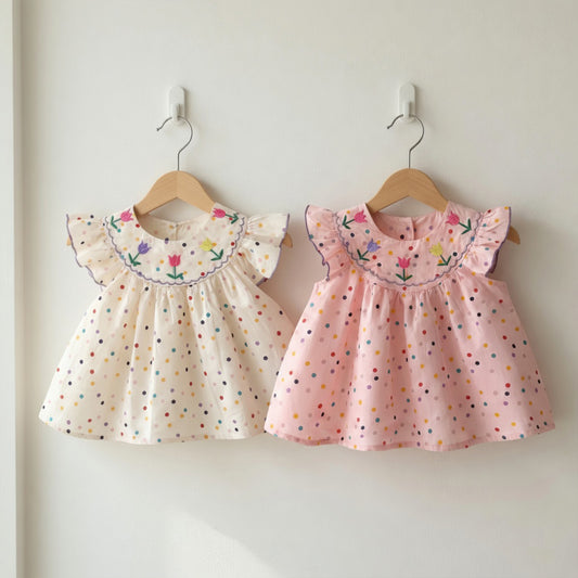 Baby Girl Flower Embroidered Dress - Breathable Polka Dot Printed Cotton Sunsuit - Casual Summer Outfits
