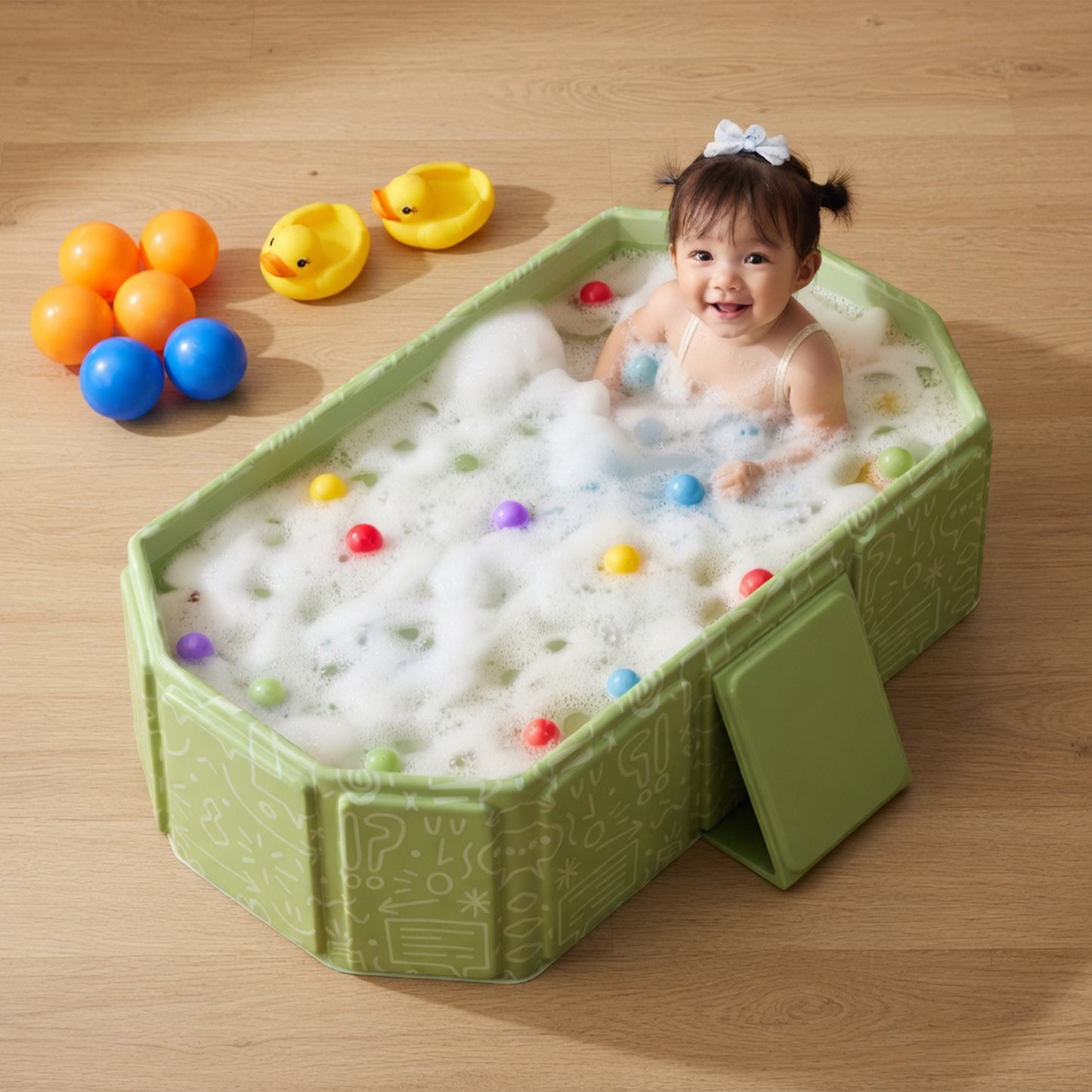 1PC Portable Baby Folding Bathtub - Travel-Friendly Thickened Bath Basin - Green & White Compact Children's Tub