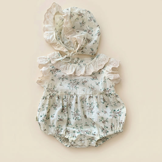 Newborn Girl Flower Print Bodysuit Set - Ruched Fly Sleeve Cotton One-Piece with Gift Hat - Infant Princess Outfit 0-24M