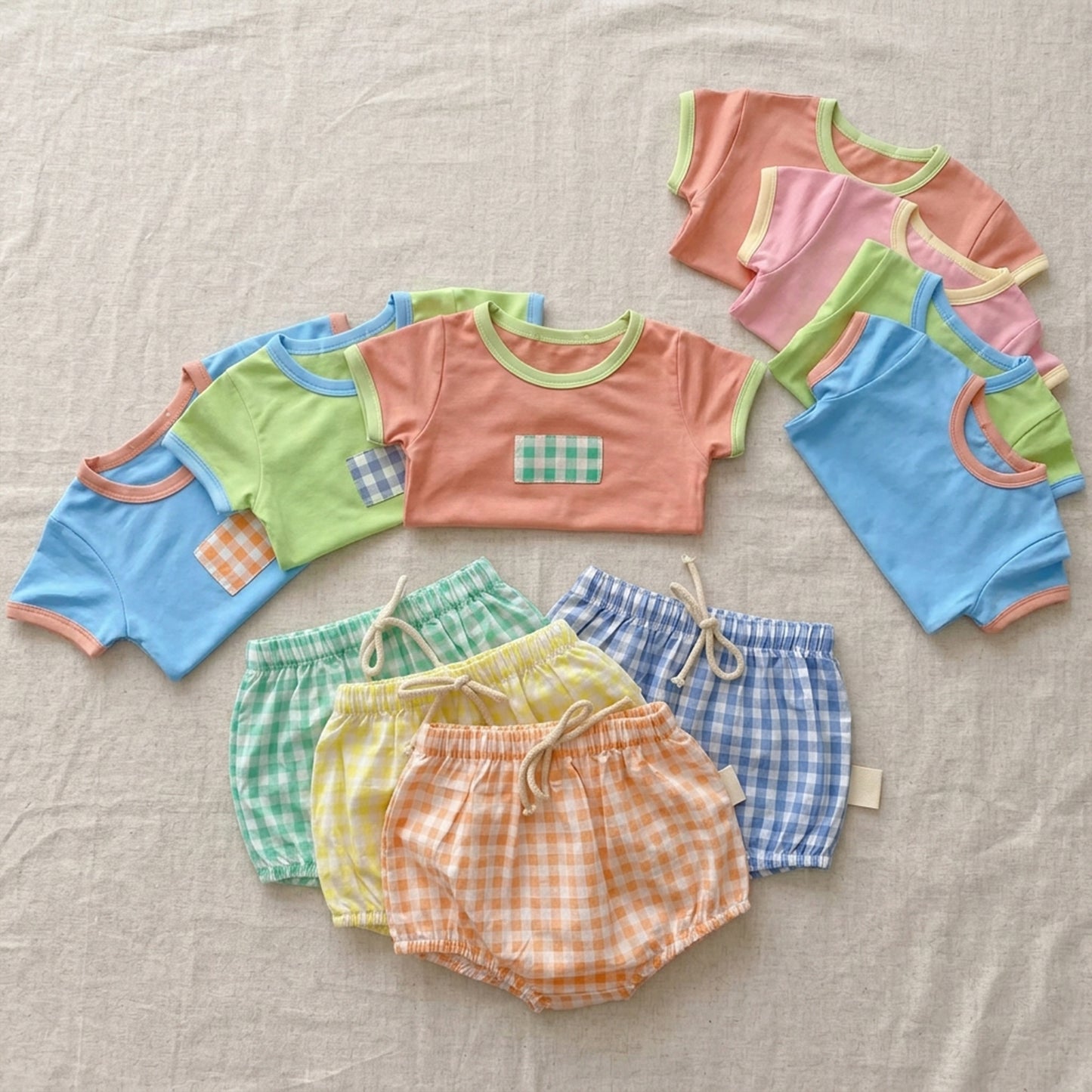 2Pcs Baby Summer Clothing Set - Short Sleeve Tee with Plaid Shorts - Soft Breathable Outfits for Boys & Girls 0-2Y