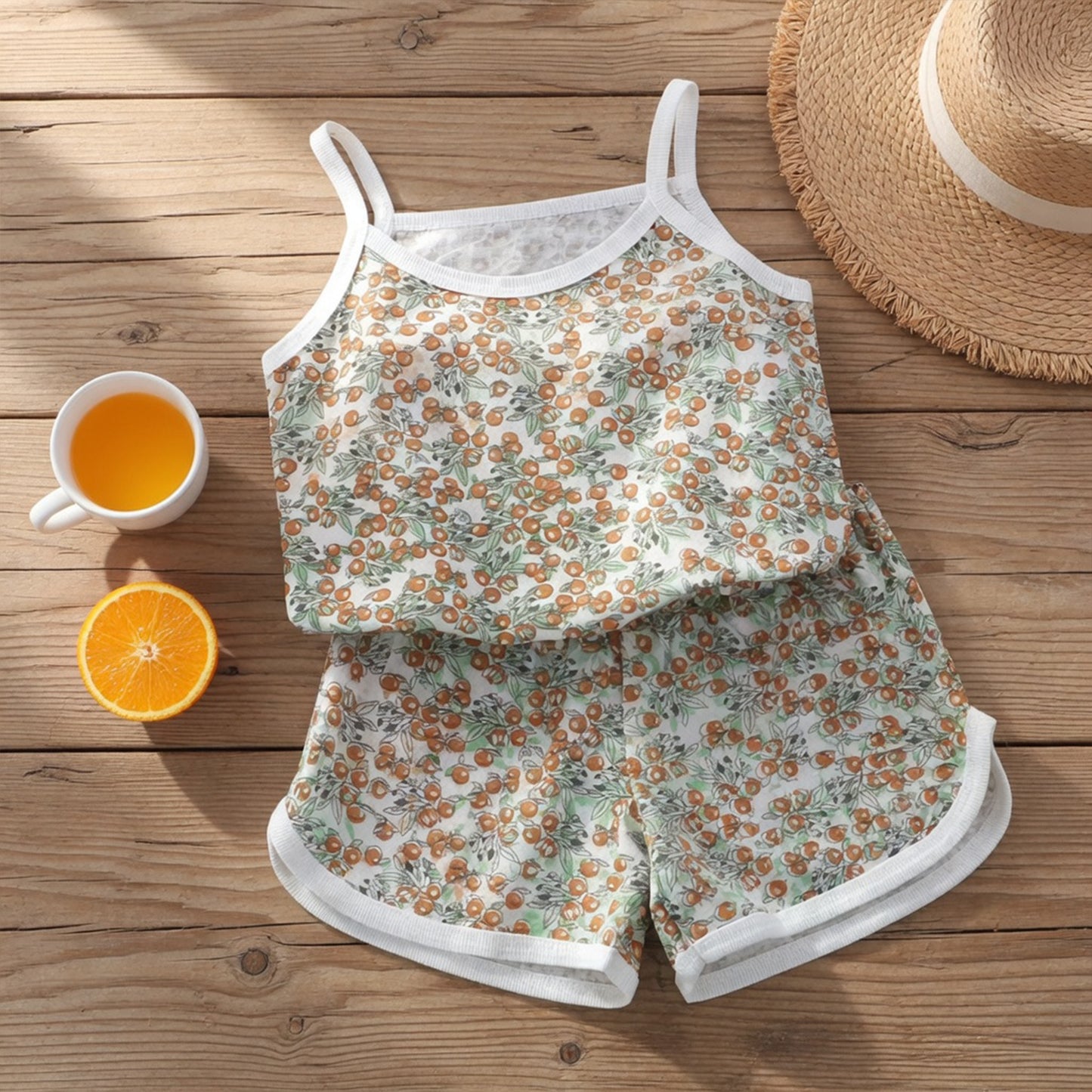 Baby Girl Summer Spaghetti Strap Set - 100% Cotton Camisole & Shorts Outfits - Cute Square Collar Pajamas