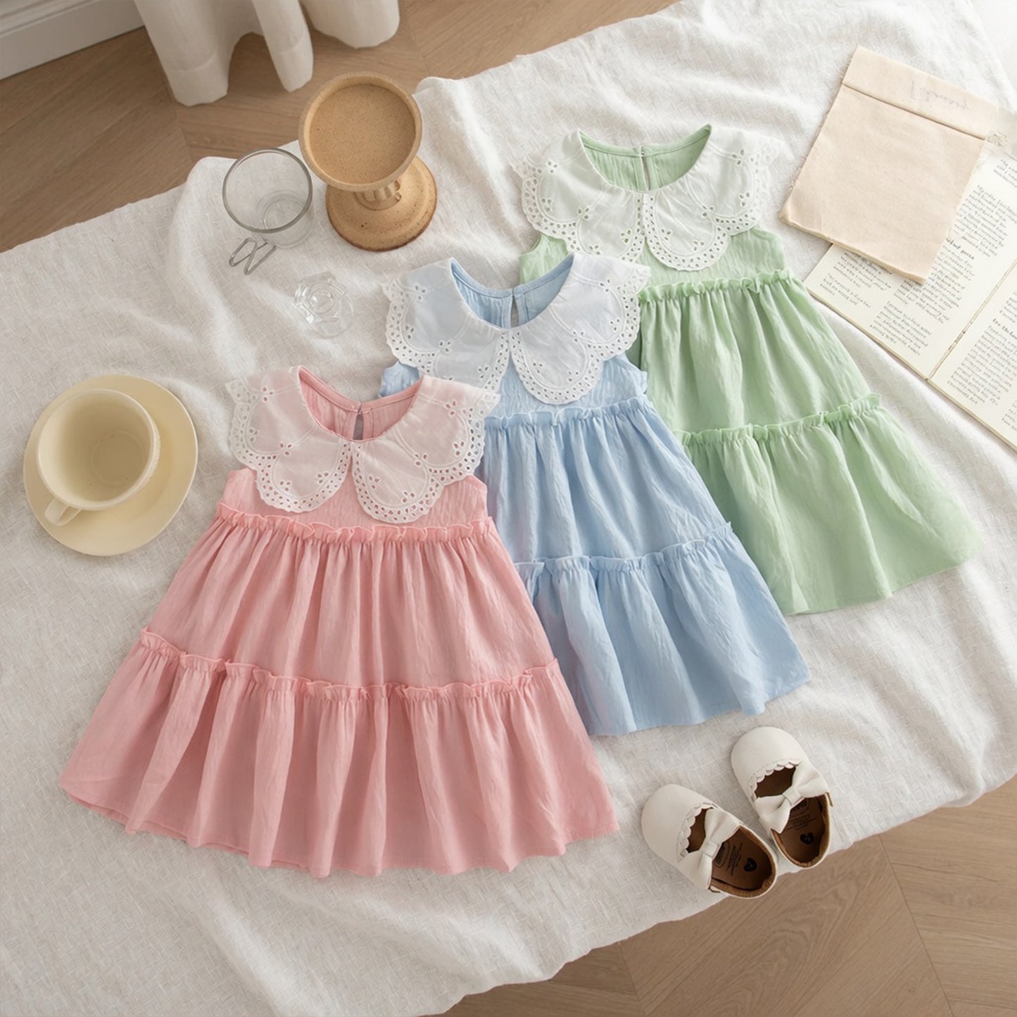 Baby Girl Summer Cotton Dress - Solid Color Lapel Sleeveless Sunsuit - Cute Girls Beach Outfits 0-3Y