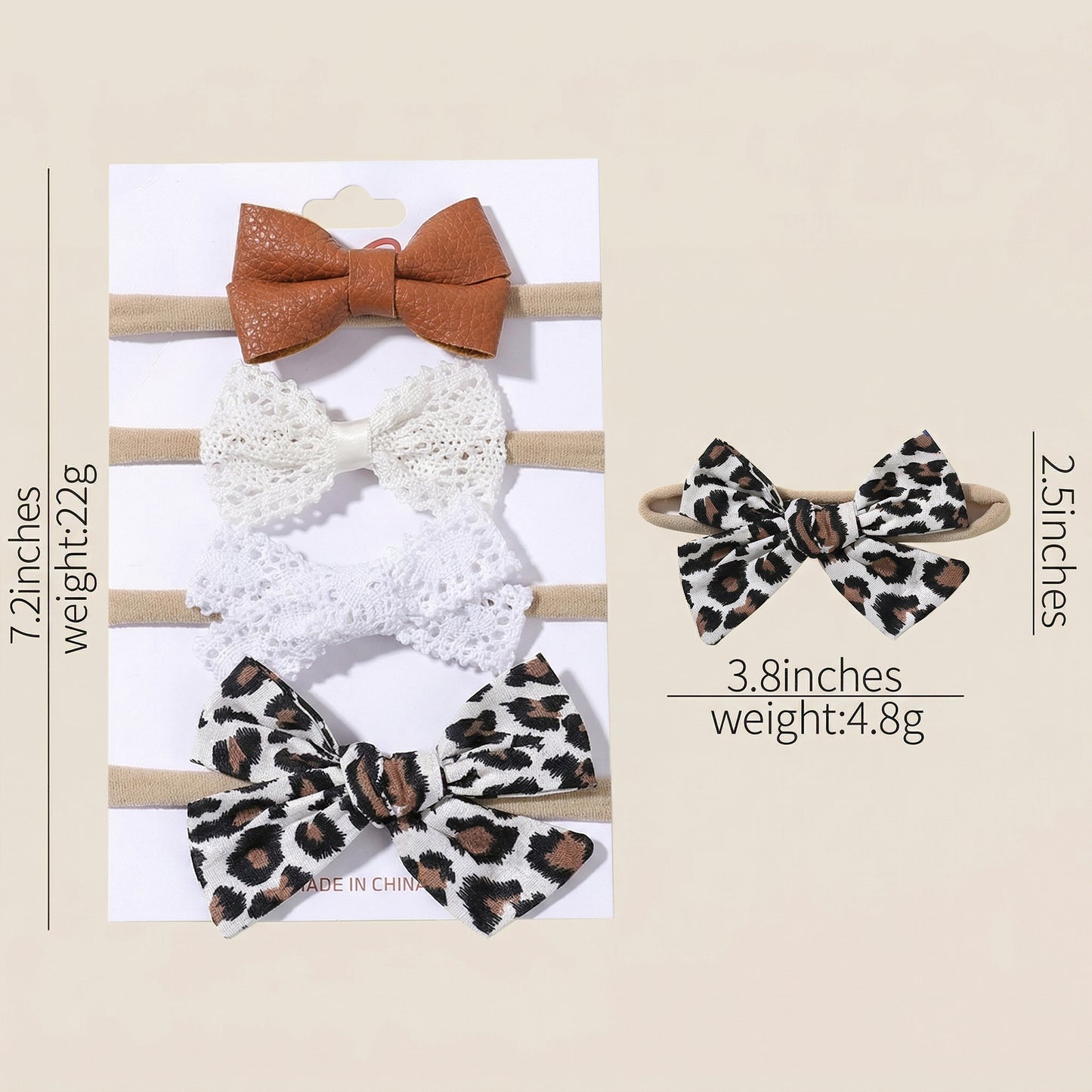 4-5Pcs/Set Baby Bow Headbands - Cotton Linen & Lace Fabric - Leopard Print Newborn Hair Accessories for Girls