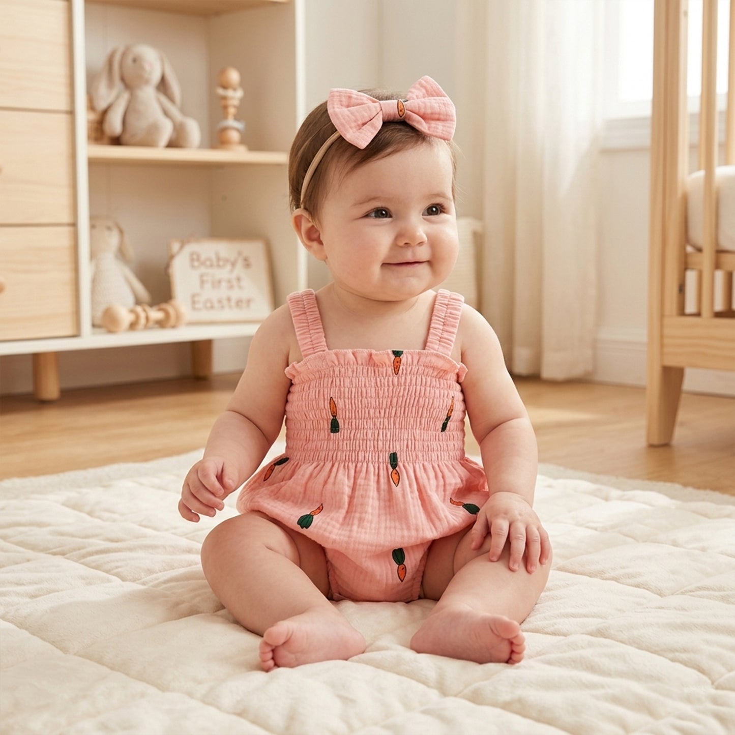 Newborn Baby Girl 2Pcs Summer Set - Sleeveless Printed Jumpsuit with Bow Headband - Soft Breathable Playsuit 0-18 Months