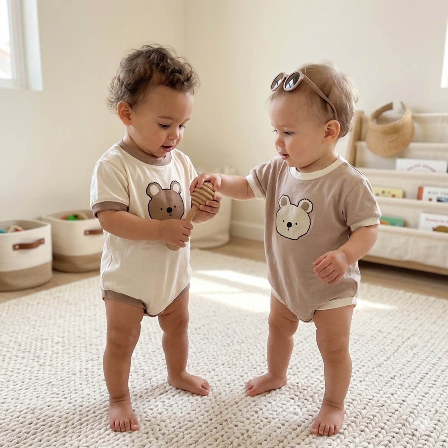 Infant Cartoon Bear Print Romper - Short Sleeve Triangular Bodysuit - Summer Cotton Jumpsuit 0-2Y