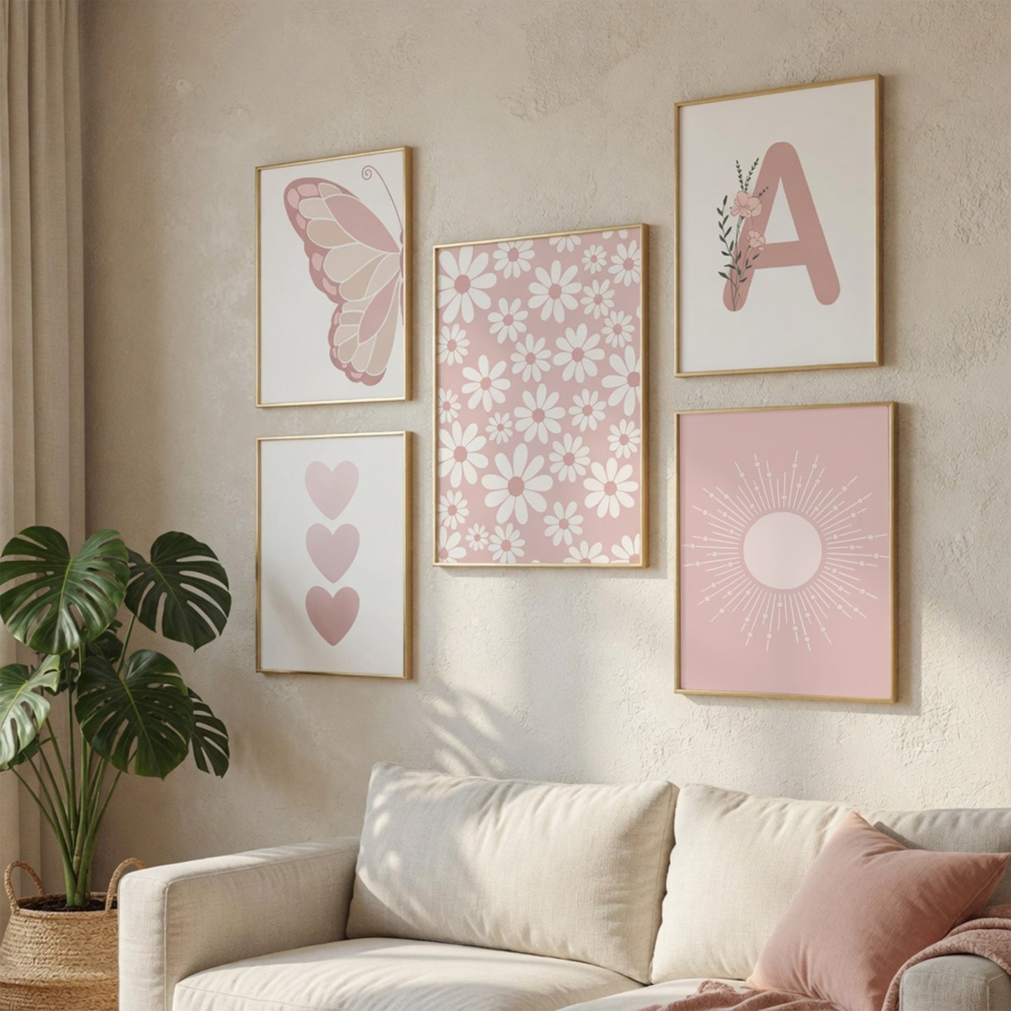 Pink Butterfly Wall Art Nursery Canvas Prints - Sun Rainbow Daisy Heart Posters - Kawaii Pictures for Kids Girl Room Decor