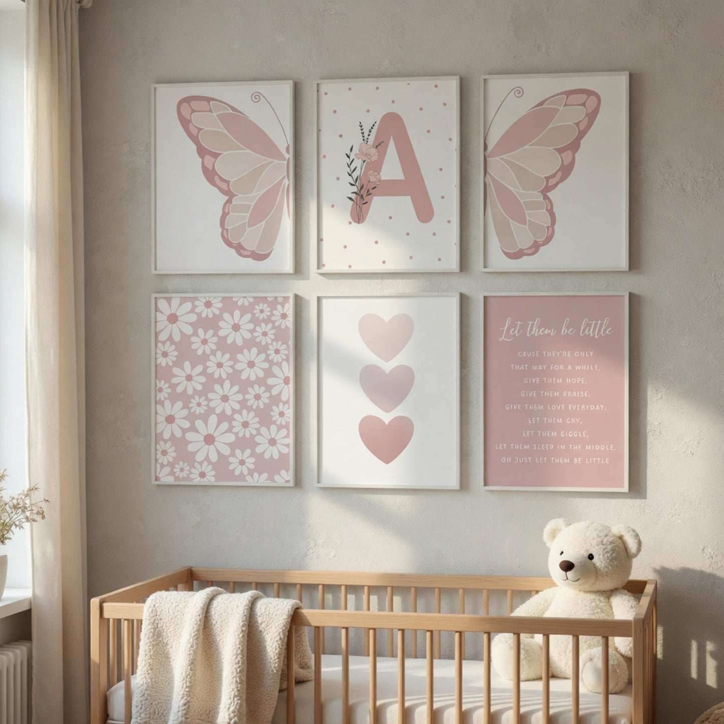 Pink Butterfly Wall Art Nursery Canvas Prints - Sun Rainbow Daisy Heart Posters - Kawaii Pictures for Kids Girl Room Decor