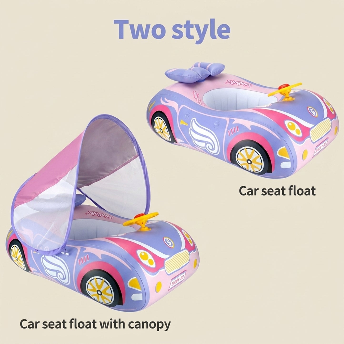 Kids Car Swimming Seat Float Ring - Inflatable Baby Boat with Canopy - Safety Summer Water Toy for Pools & Beaches