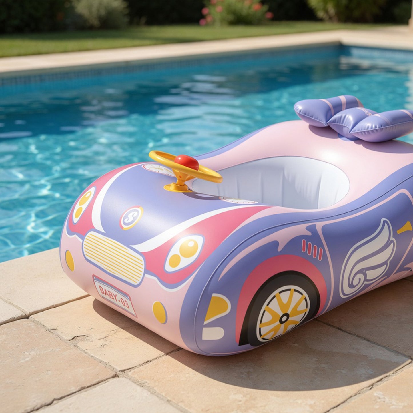 Kids Car Swimming Seat Float Ring - Inflatable Baby Boat with Canopy - Safety Summer Water Toy for Pools & Beaches